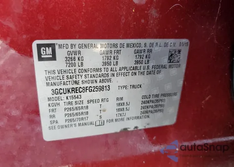 2015 Chevrolet Silverado K1500 Lt z USA, uszkodzony, nr VIN 3GCUKREC8FG259813